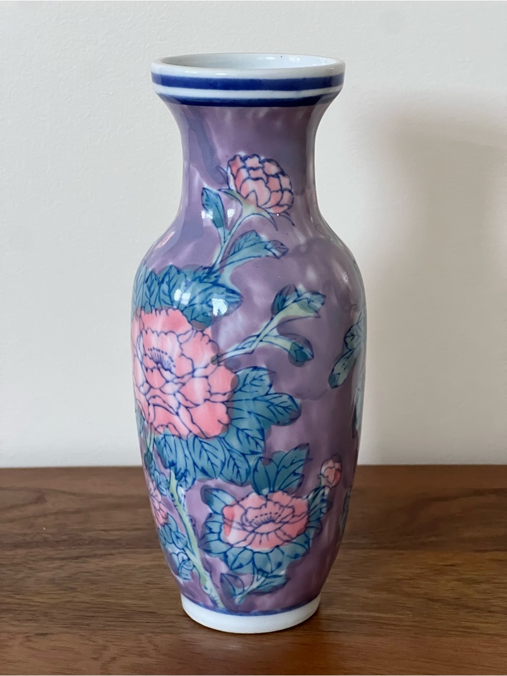 Vintage Chinoiserie Purple Floral Porcelain Bud Vase